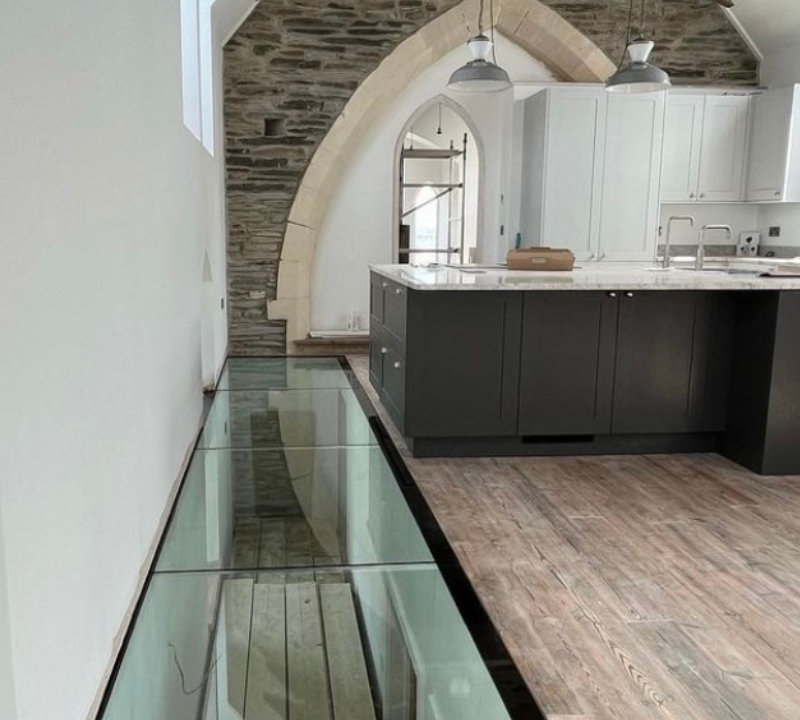 Kitchen showing a glass floor