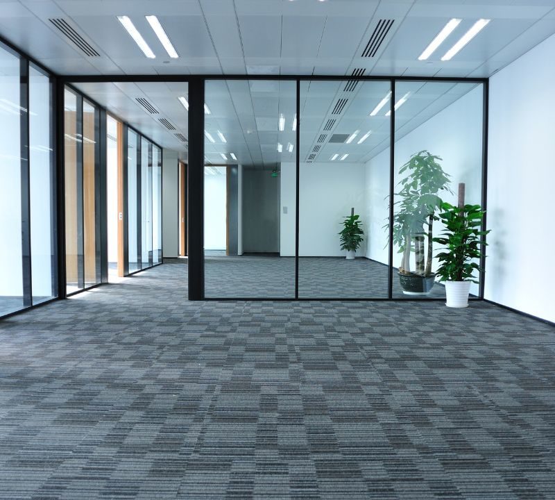 Glass safety doors in an office space.